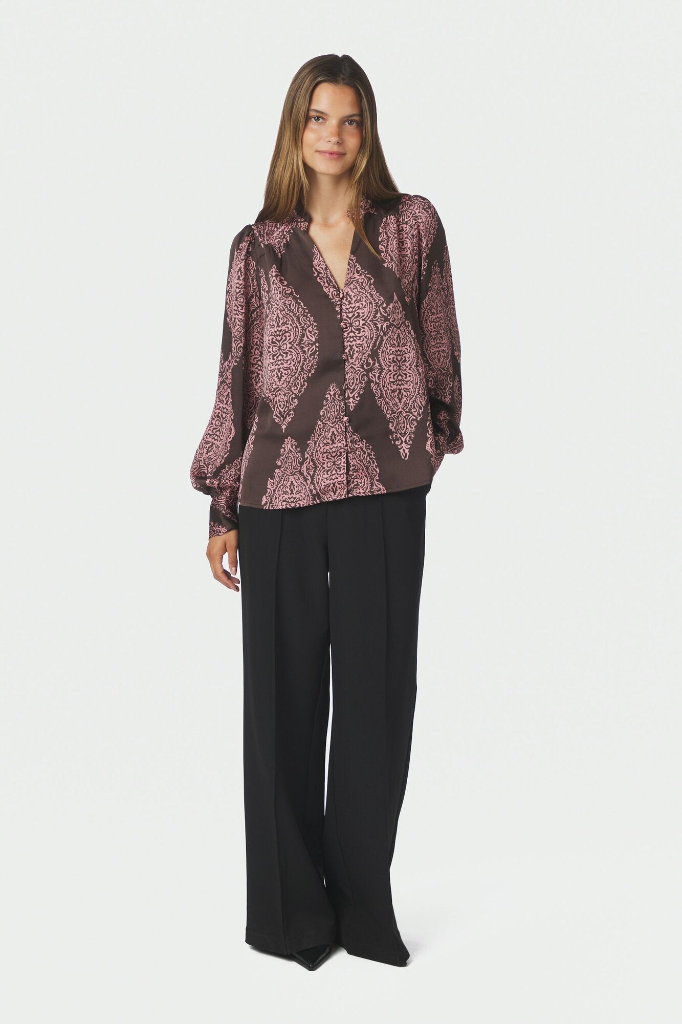 Massima Paisley Drop skjortebluse – Dark Brown/Evening Rose